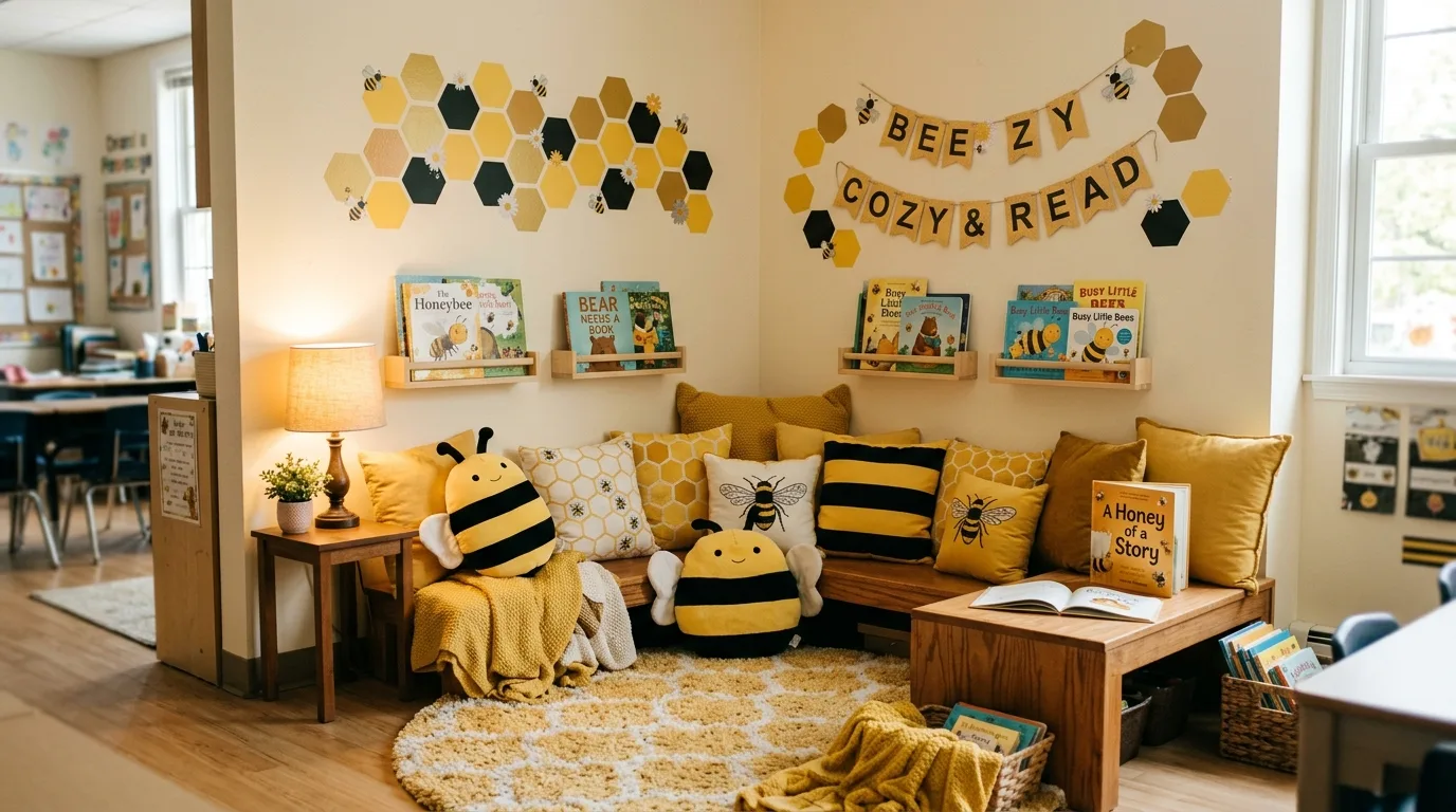 Classroom reading corner with bee pillows, yellow cushions, honeycomb wall decals, and soft rug