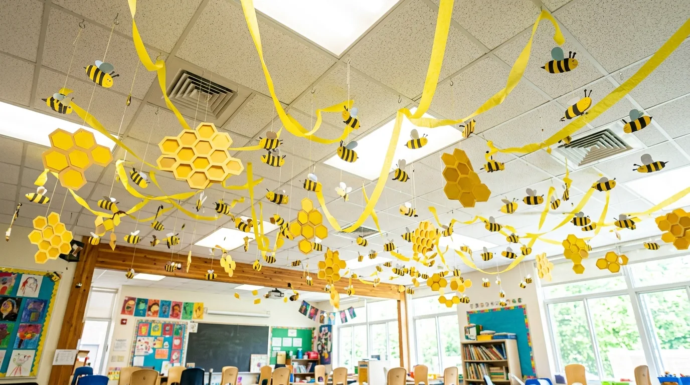 Classroom ceiling with hanging paper bees, honeycomb shapes, and yellow ribbons