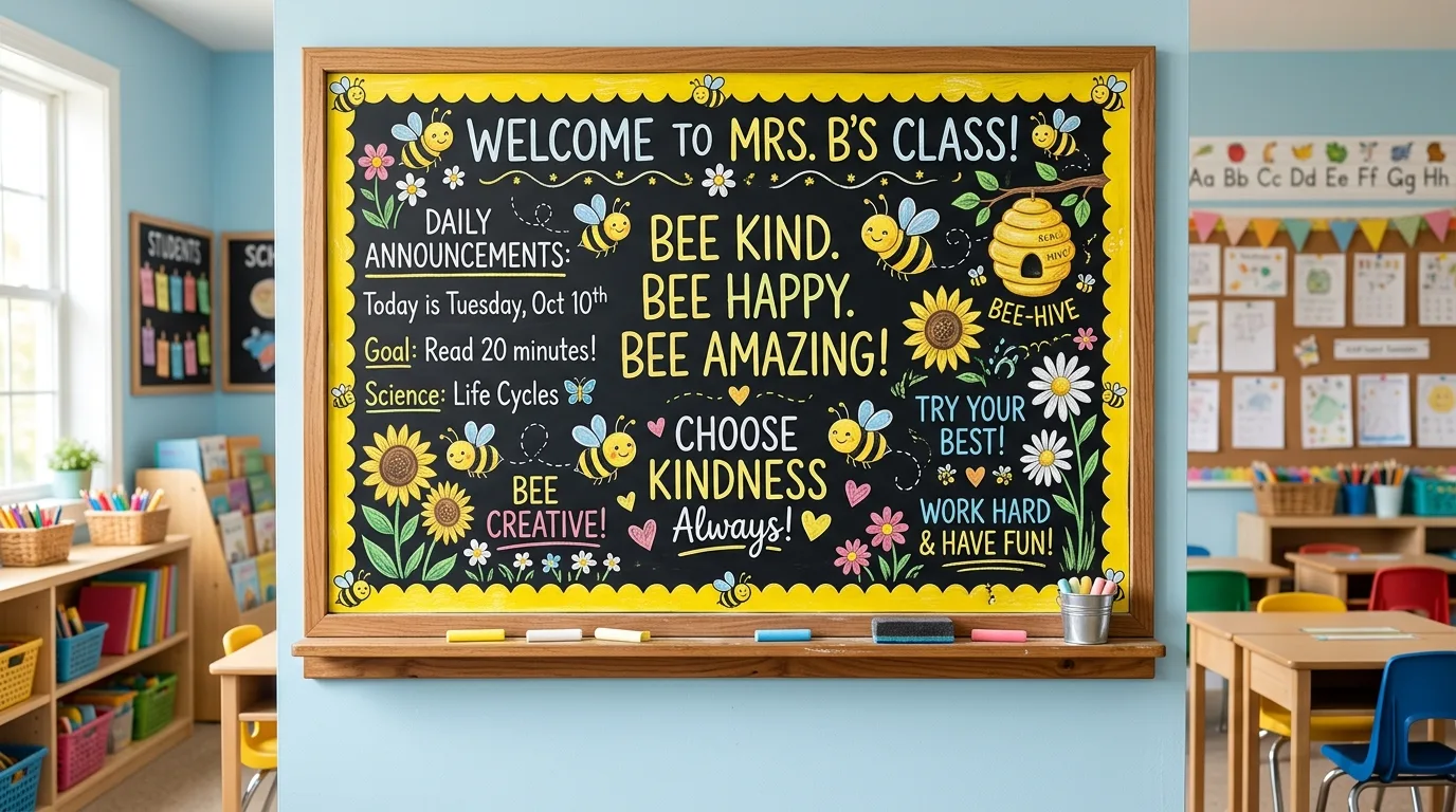 Chalkboard decorated with bumblebee drawings, Bee Kind quote, and yellow border accents