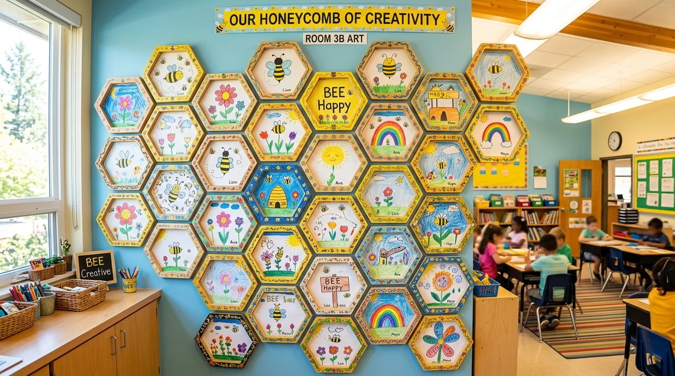 Student artwork wall arranged in honeycomb frames with bee themed borders and colorful drawings