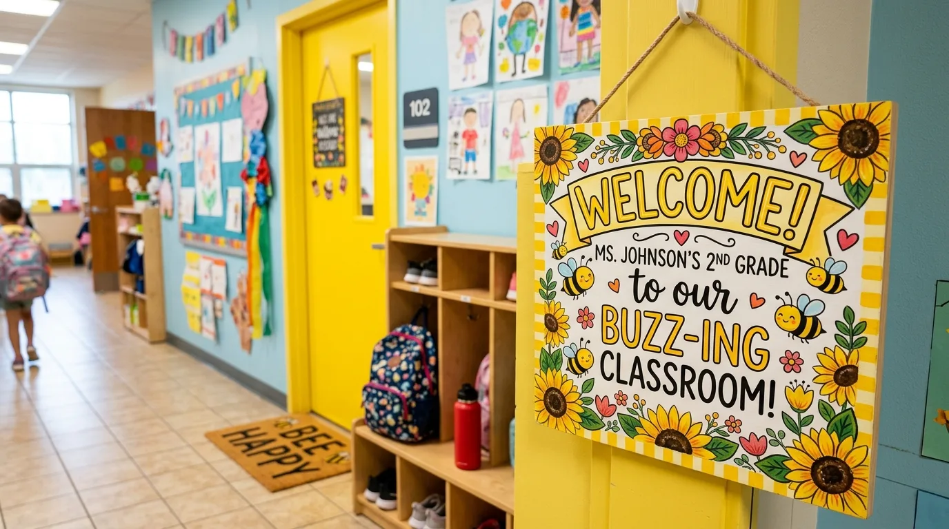 Bumblebee themed welcome board with sunflowers, cheerful lettering, and cartoon bees