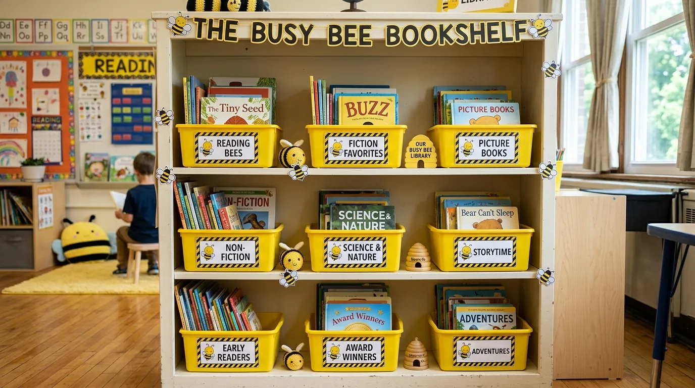 Classroom bookshelf organized with yellow bins, bee labels, and small bee decorations