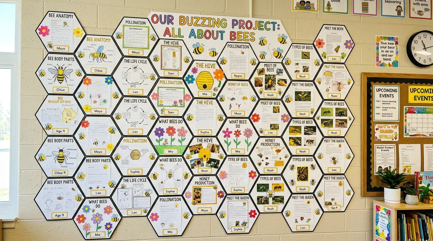 Group project display board made of honeycomb shapes with student assignments and bee stickers