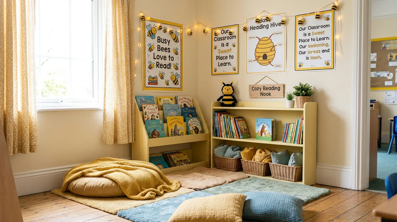 Cozy classroom corner with reading mats, bee themed posters, and soft yellow decor accents