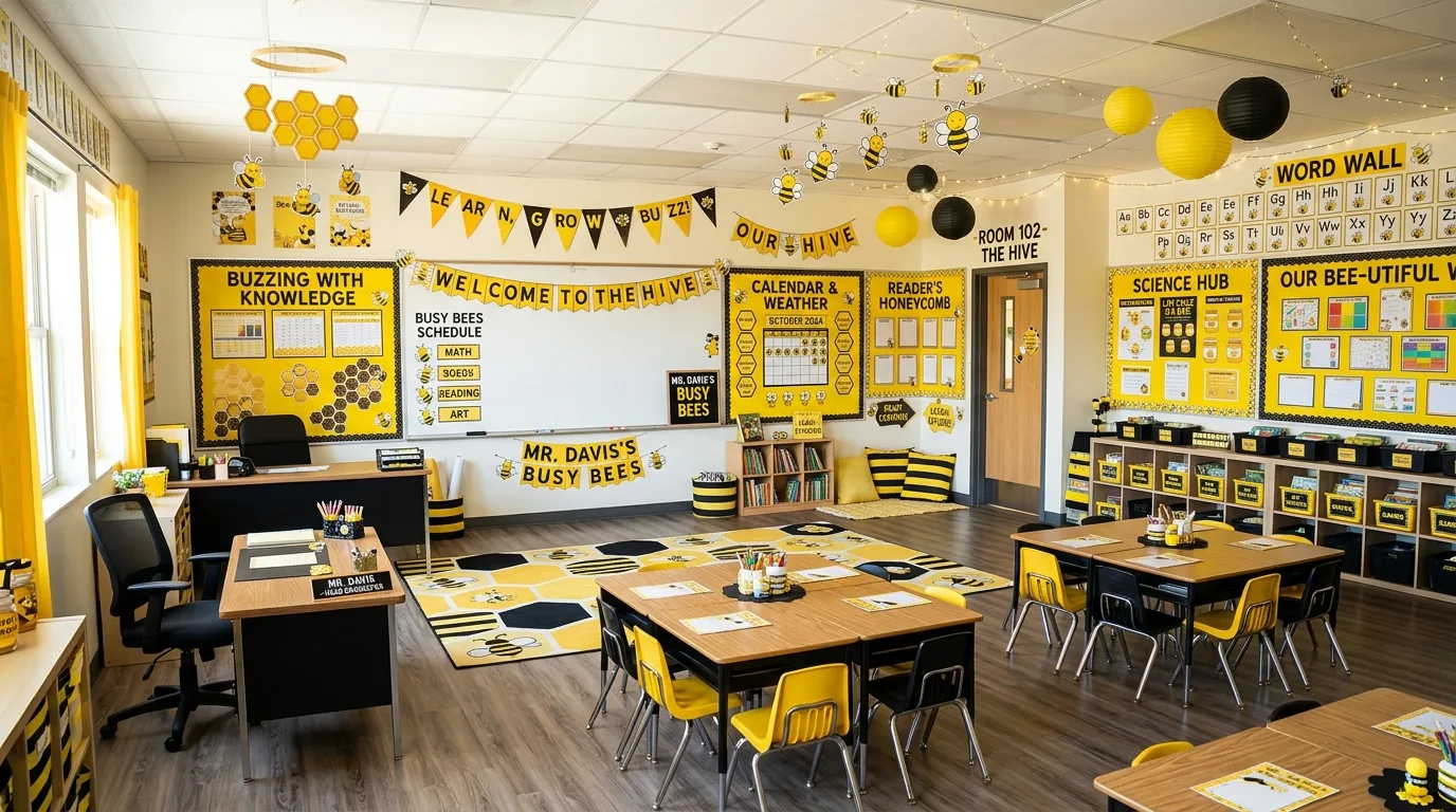 Full classroom decorated in a cohesive bumblebee theme with yellow black palette and learning displays
