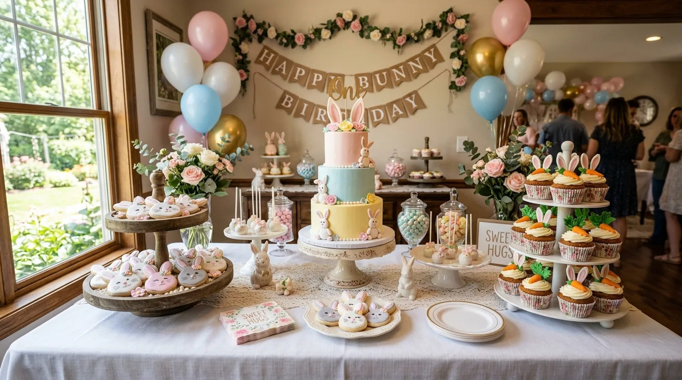 Bunny theme party dessert table with pastel cake and bunny cookies