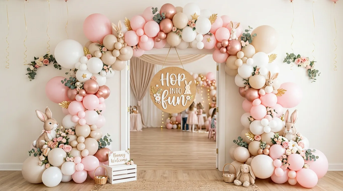 Bunny balloon arch in pastel pink, white, and beige framing a Hop Into Fun sign