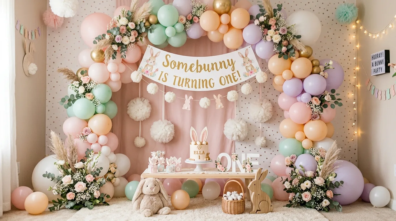 Bunny themed backdrop with fluffy cotton tail decorations, floral accents, and pastel colors