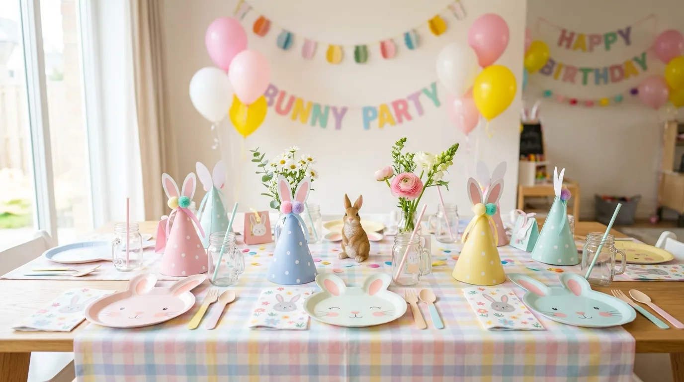 Kids party table with bunny plates, napkins, and pastel themed party hats