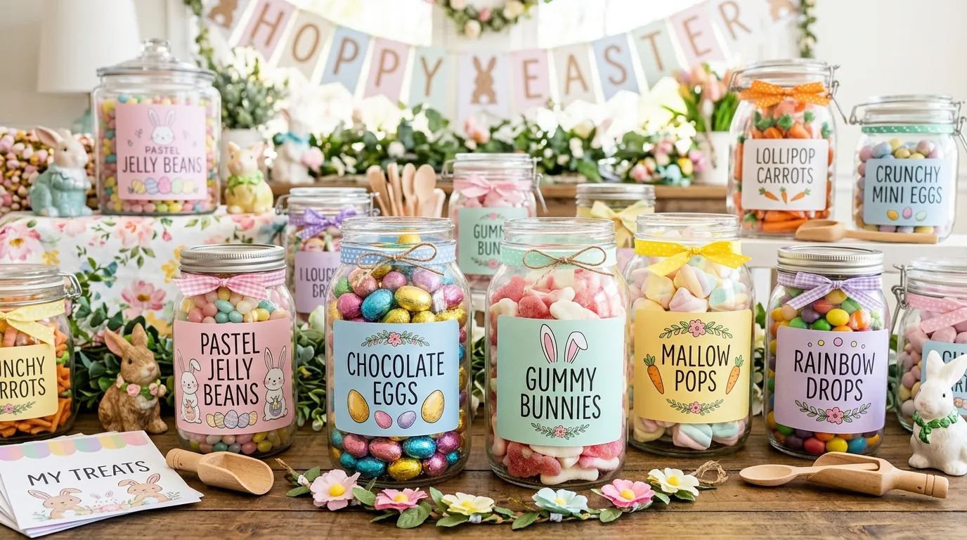 Bunny themed candy buffet with jars of sweets, chocolate eggs, and pastel labels