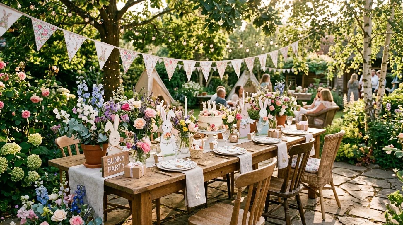 Garden bunny party setup with wooden tables, floral arrangements, and bunny cutouts