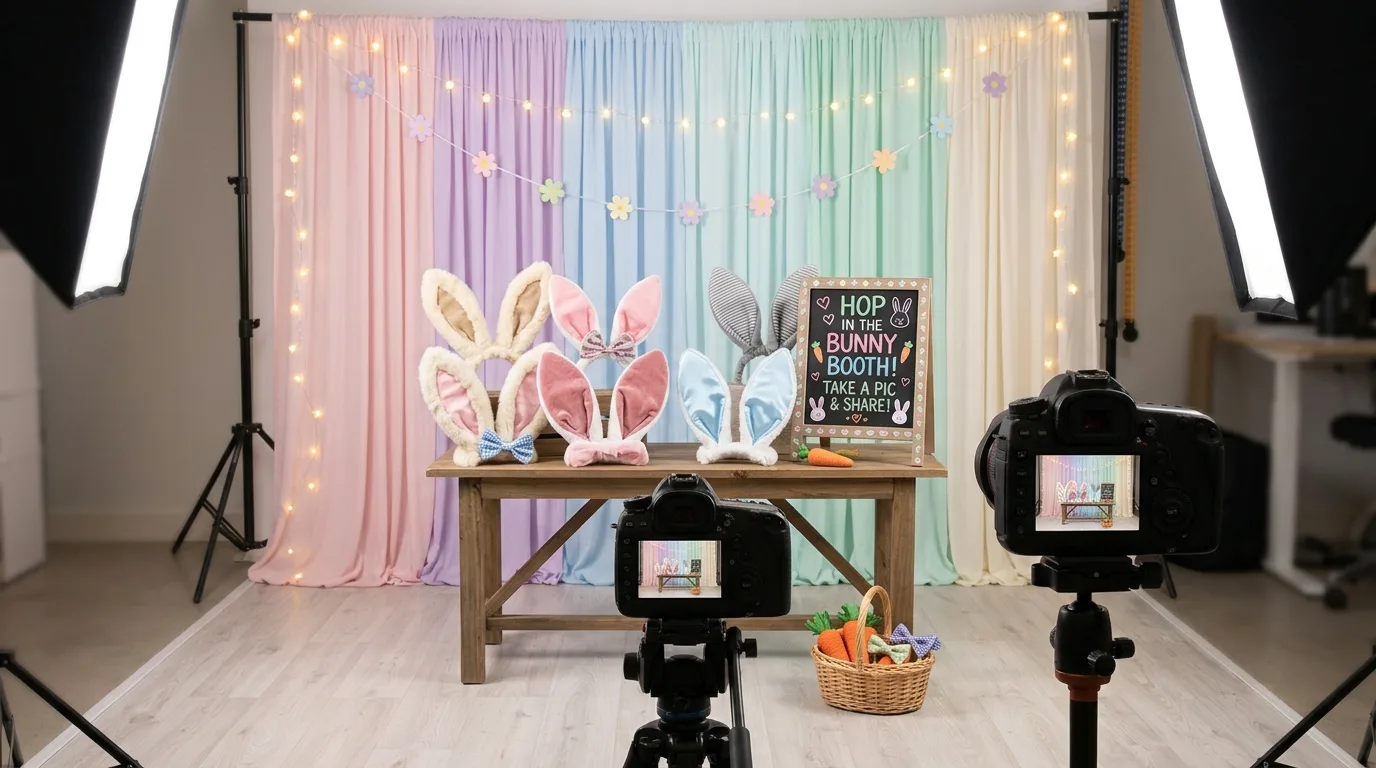 Bunny photo booth with oversized bunny ears props, pastel backdrop, and soft fairy lights