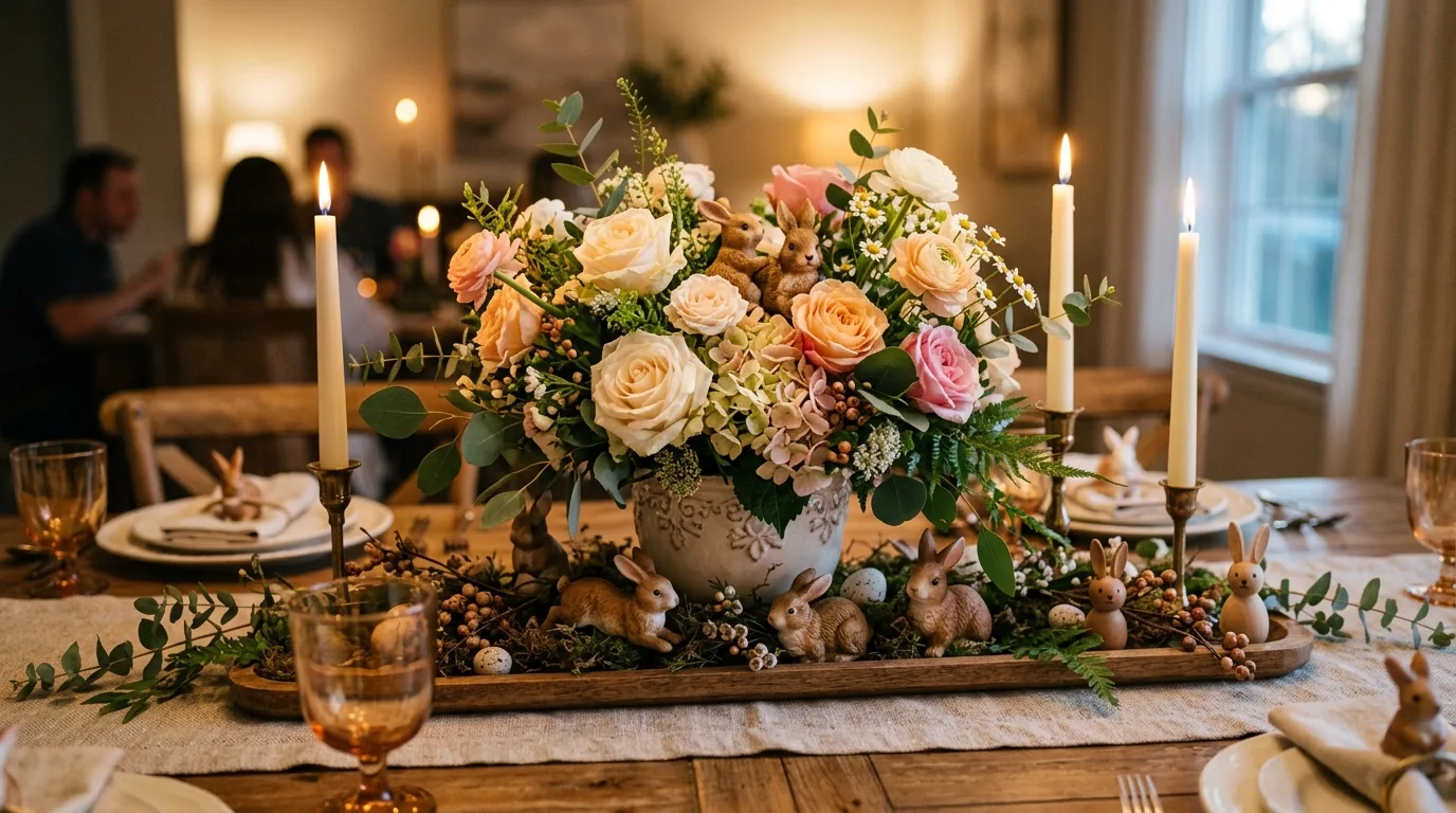 Bunny themed table centerpiece with flowers, mini bunny figurines, and candles