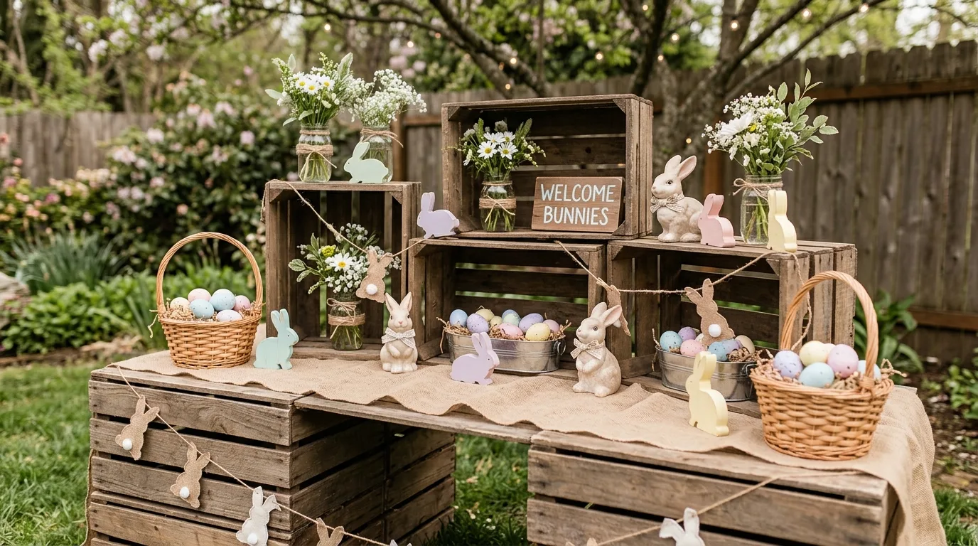 Rustic bunny party decor with wooden crates, burlap accents, and pastel eggs