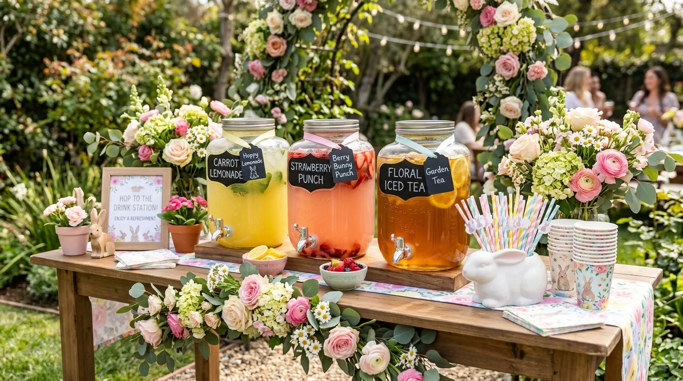 Bunny themed drink station with labeled jars, pastel straws, and floral decorations