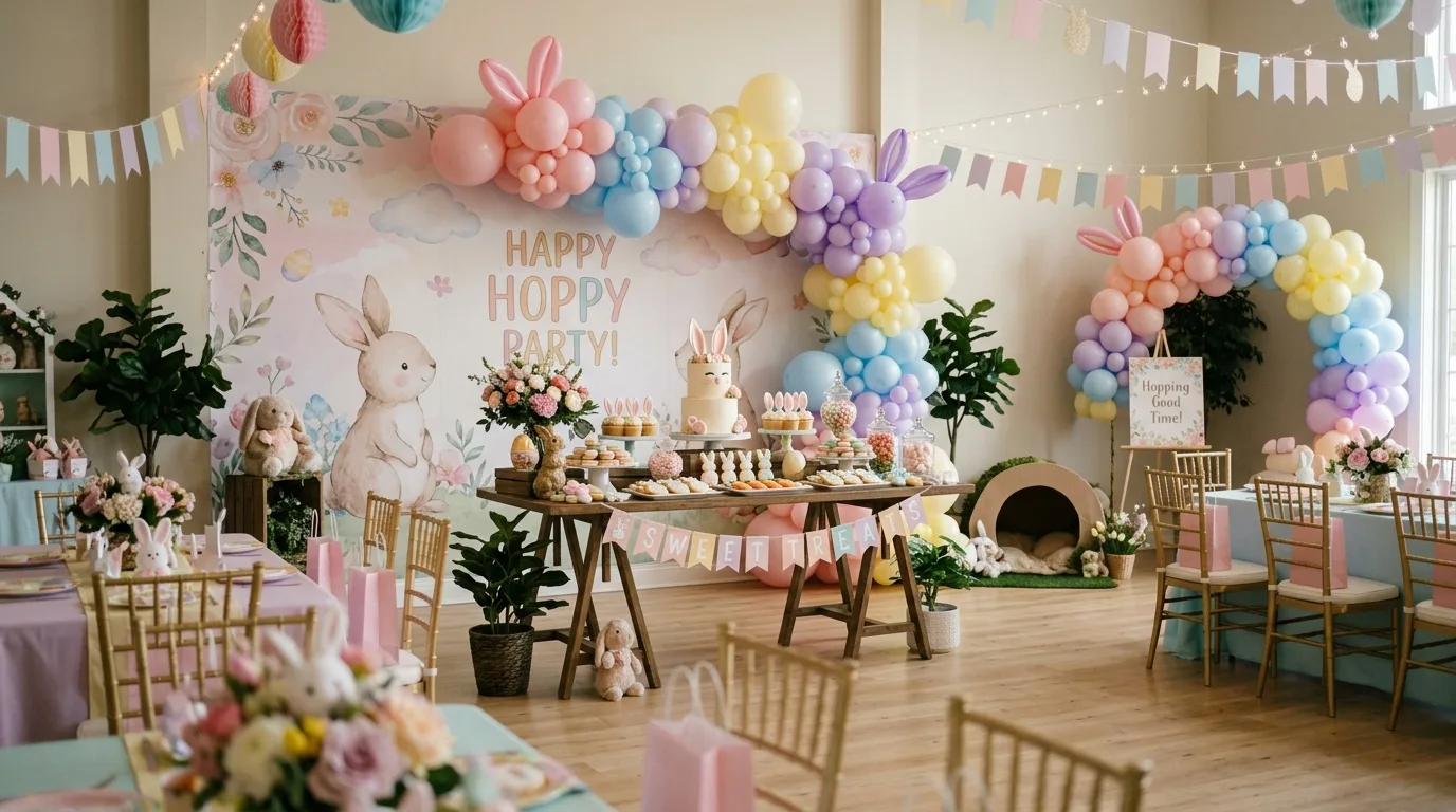 Full bunny party scene with coordinated pastel decorations, balloons, dessert table, and themed backdrop