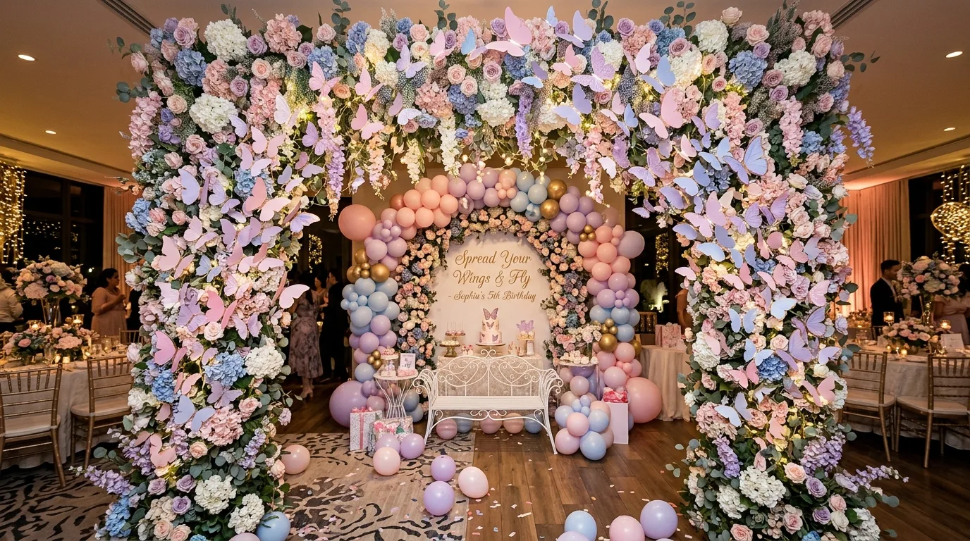 Butterfly party backdrop with pastel butterflies, floral wall, and fairy lights