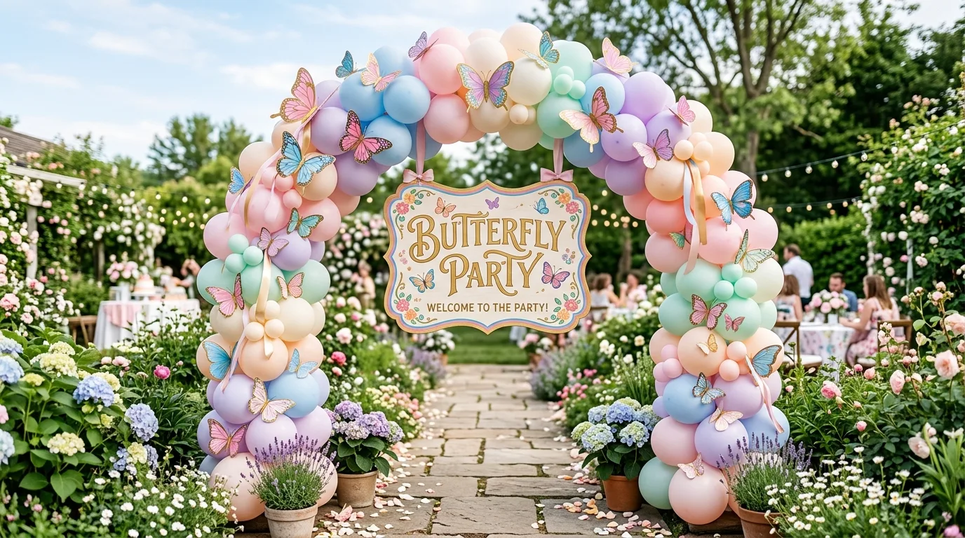 Butterfly balloon arch in pastel colors framing a Butterfly Party sign