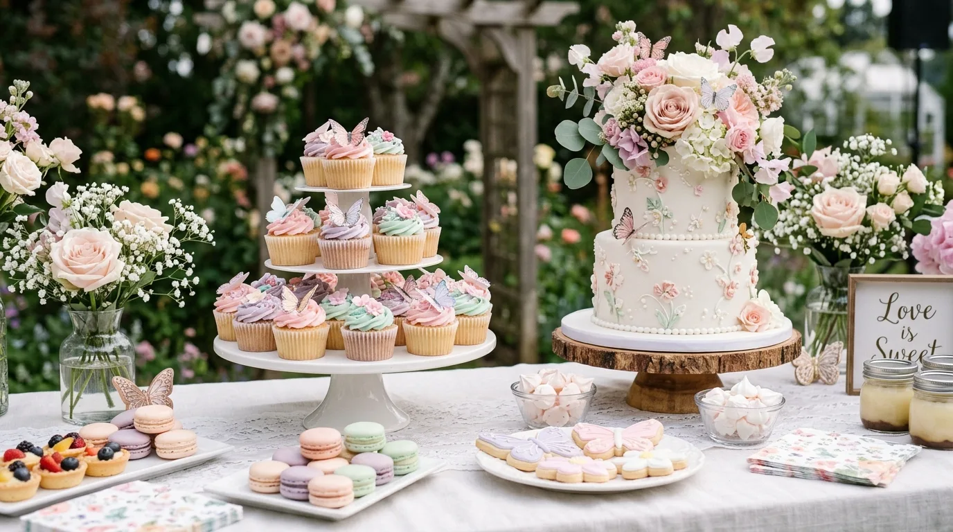 Dessert table with butterfly cupcakes, pastel sweets, and floral cake topper