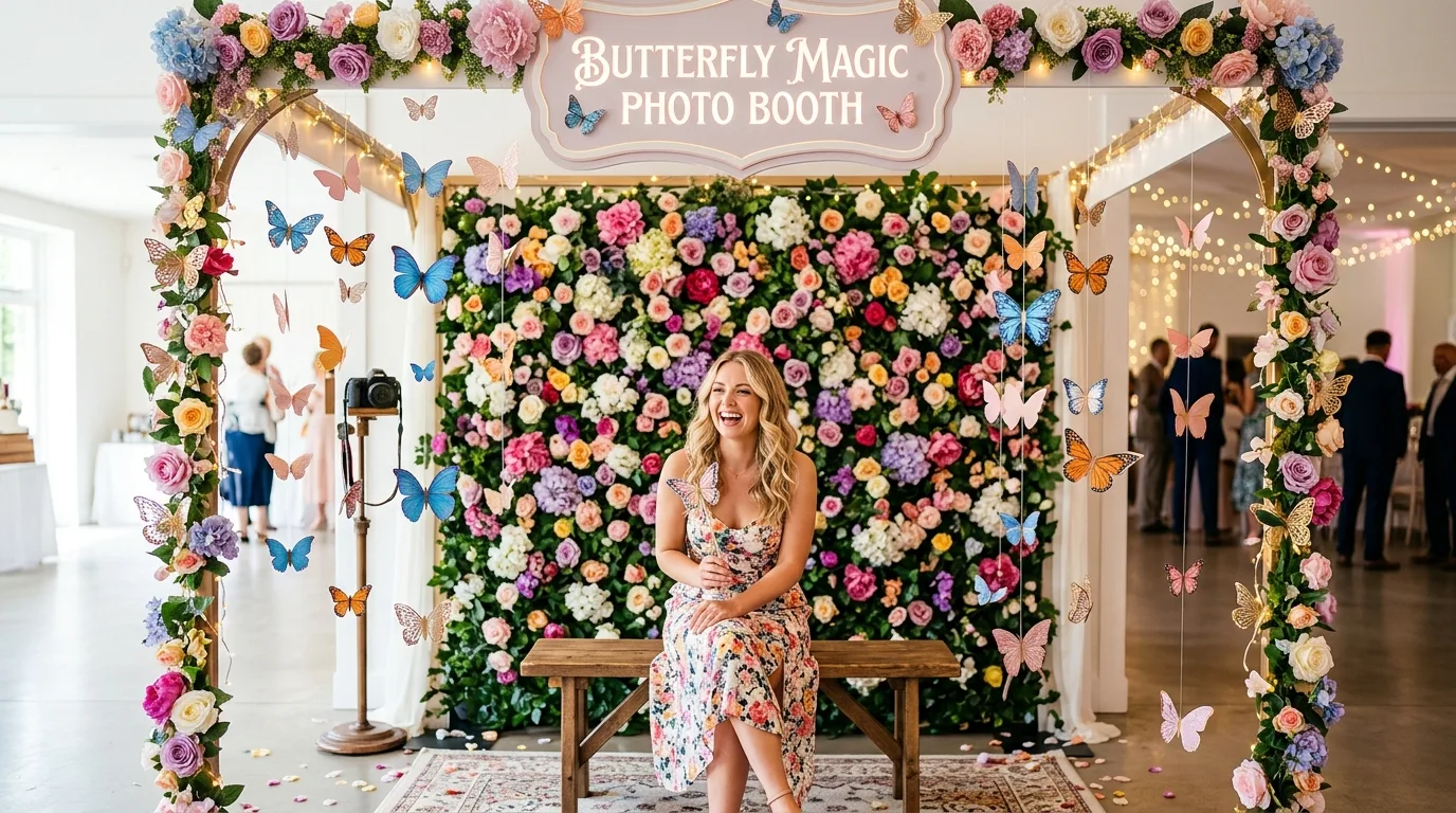 Butterfly photo booth with 3D paper butterflies and flower wall background