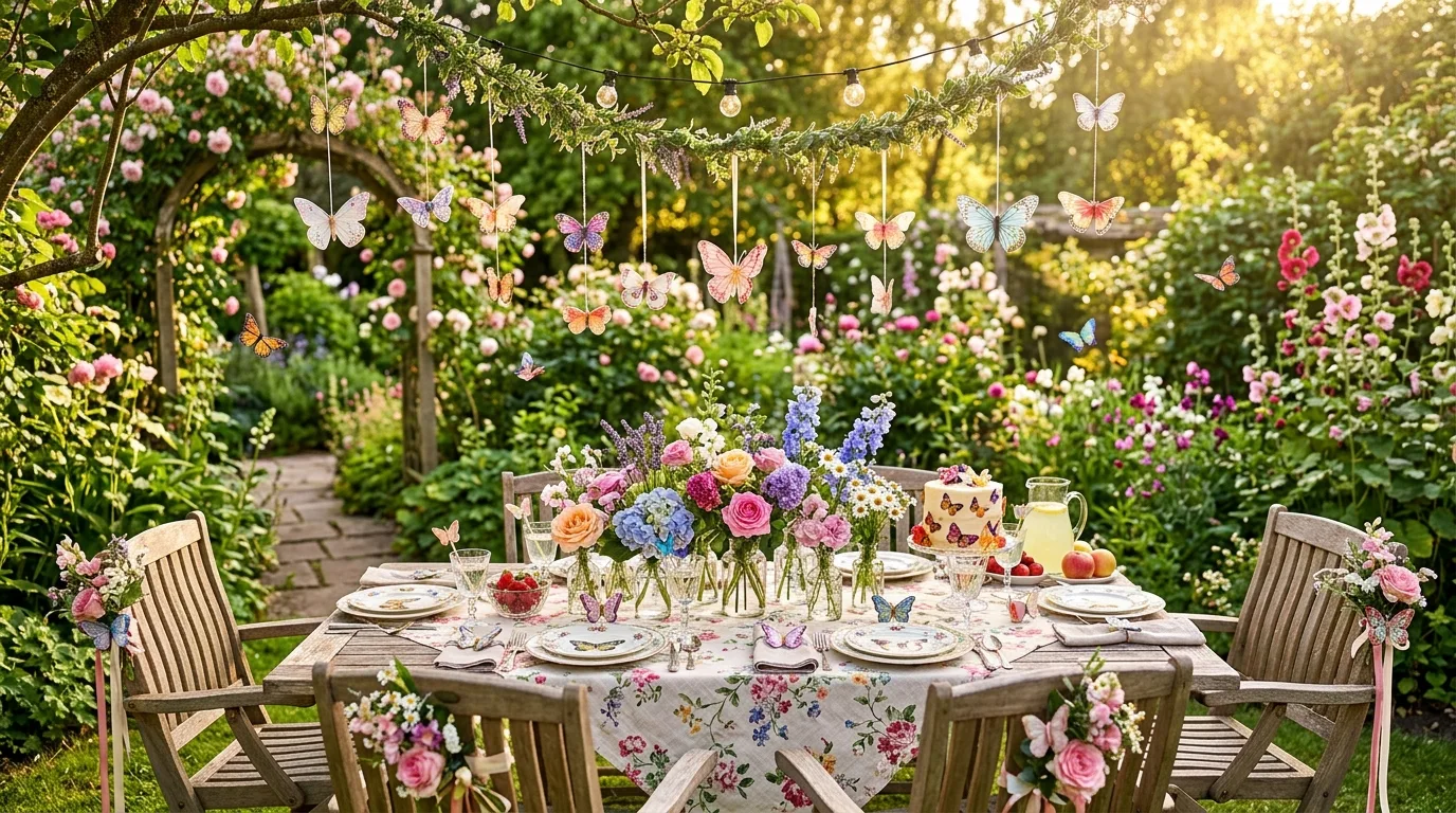 Garden butterfly party setup with outdoor table, fresh flowers, and butterfly decorations