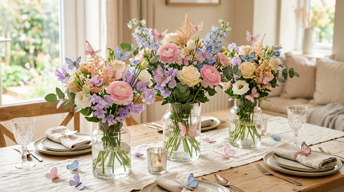 Butterfly table centerpiece with glass vases of pastel flowers and butterfly accents