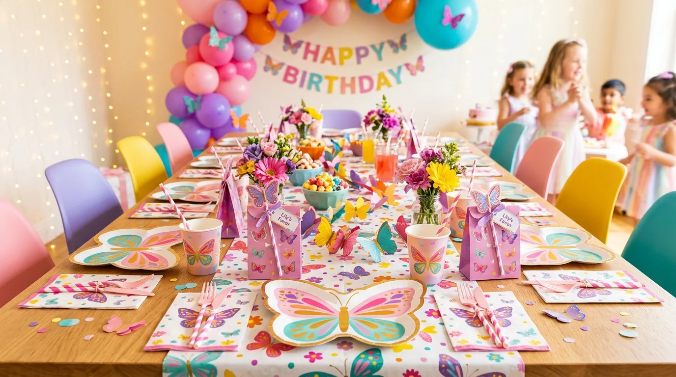 Kids party table with butterfly plates, napkins, and themed party favors