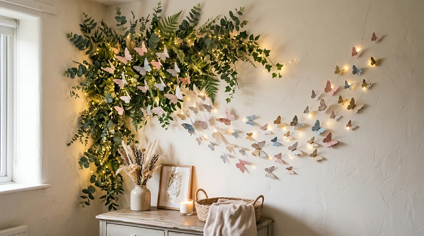 Butterfly wall decor with floating paper butterflies and greenery backdrop