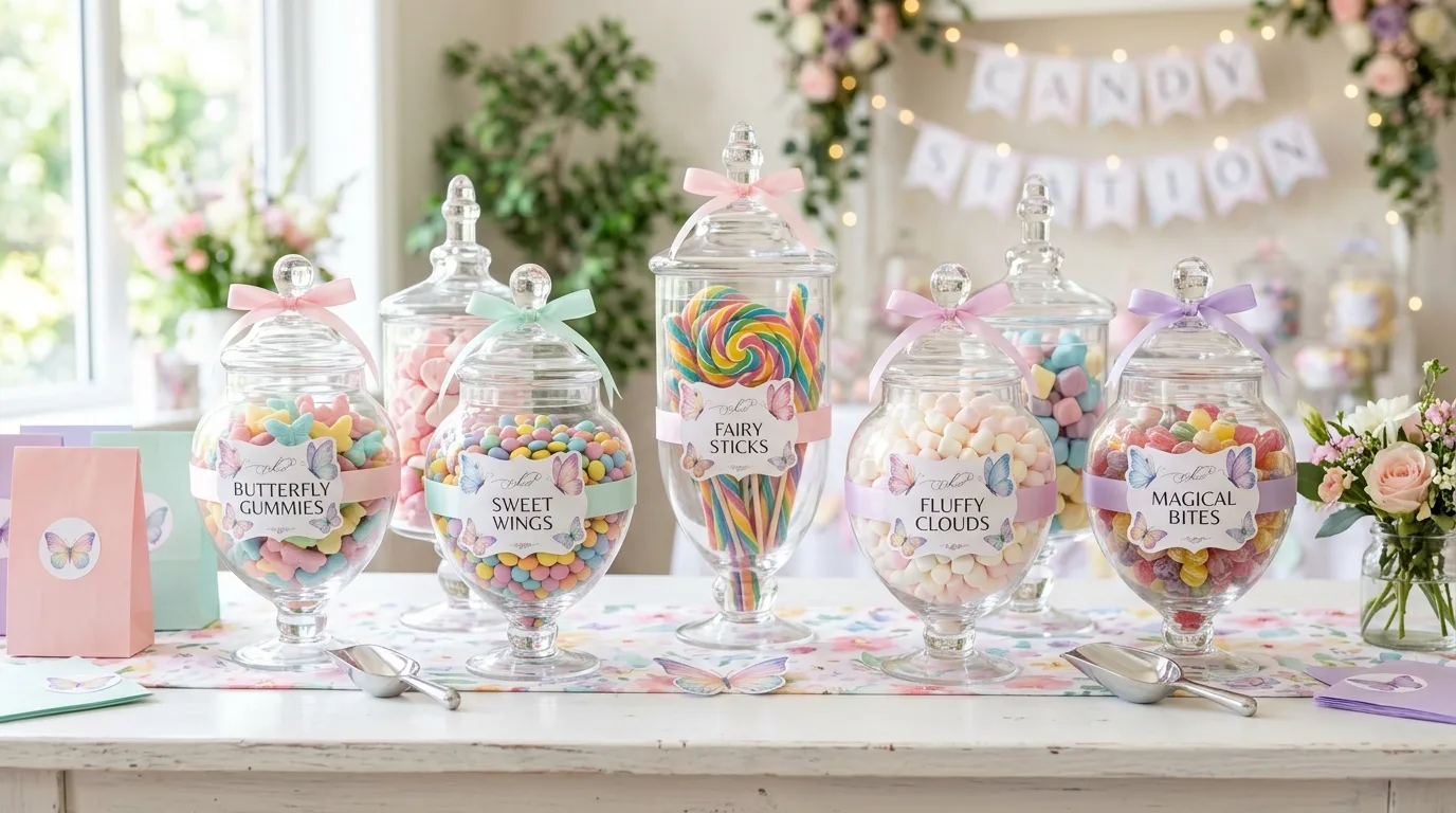 Pastel butterfly candy station with jars of sweets and butterfly labels