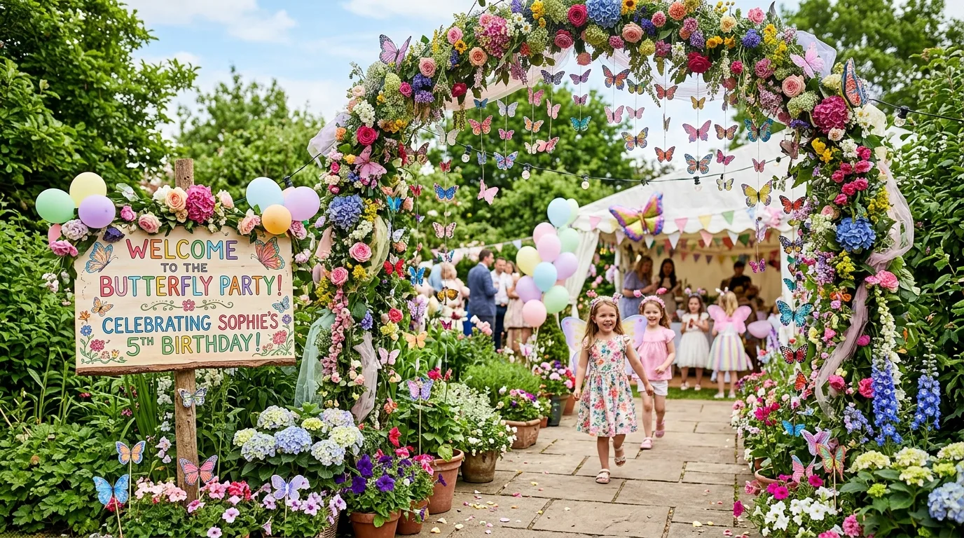 Butterfly party entrance with hanging butterflies, floral garlands, and welcome sign