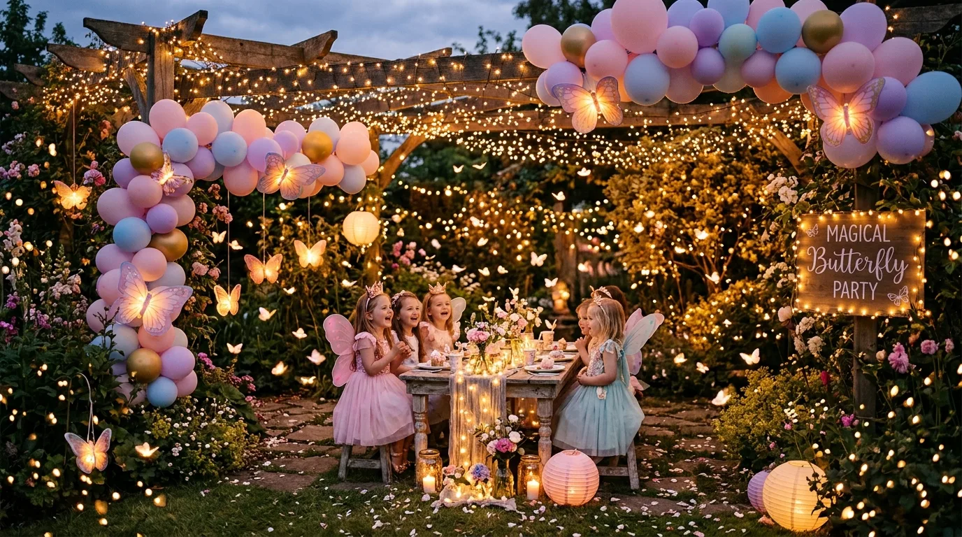 Evening butterfly party setup with fairy lights, pastel balloons, and glowing decor