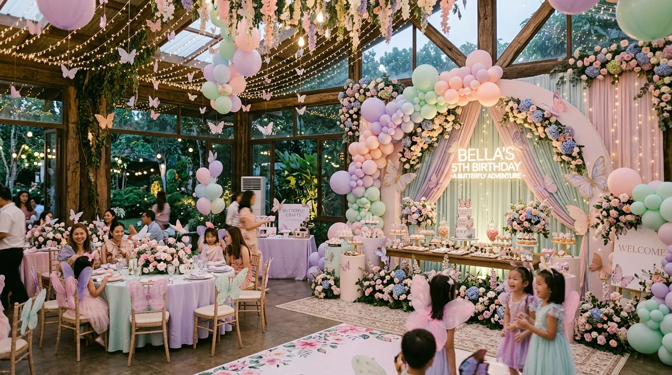 Wide view of a fully decorated butterfly theme party with pastel balloons, flowers, and dessert tables