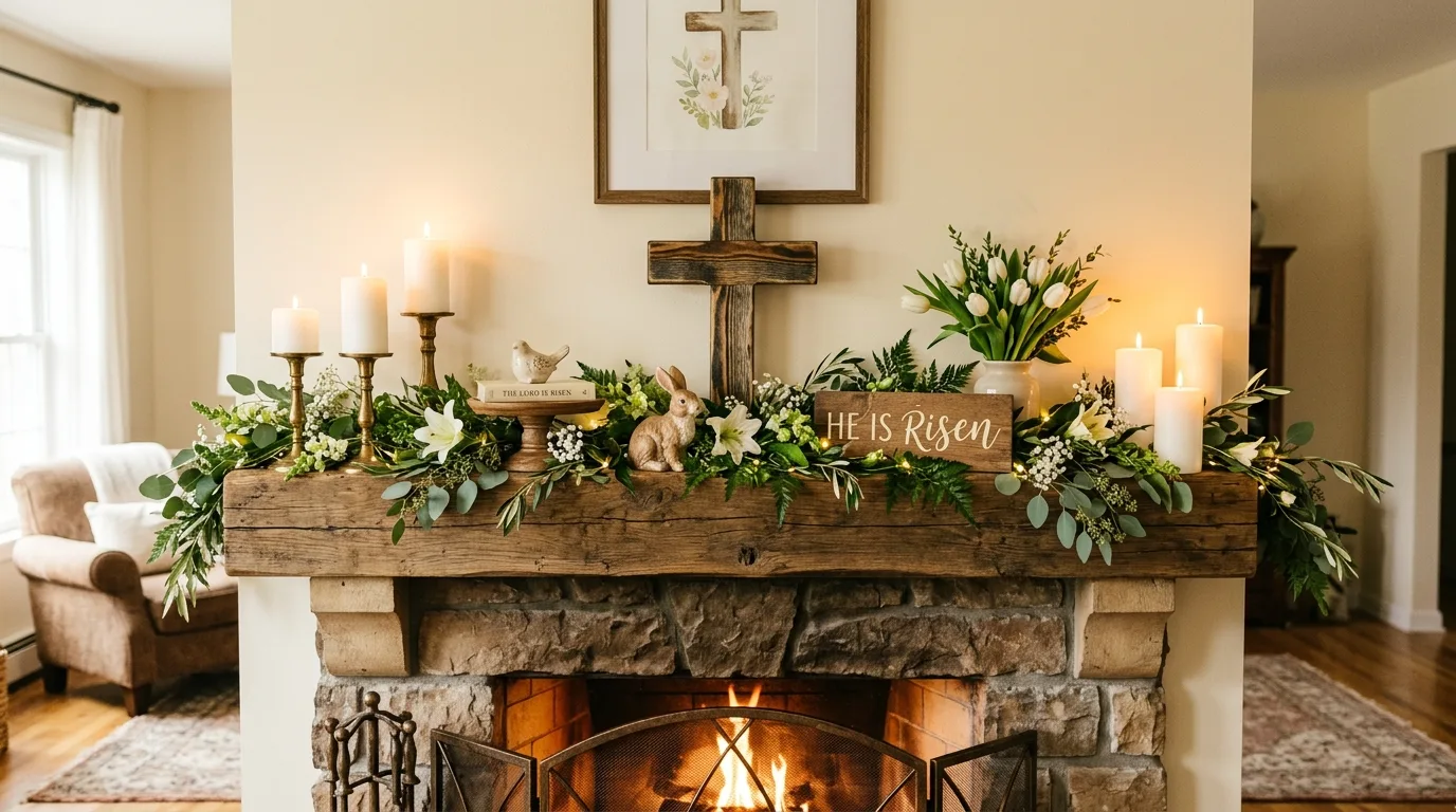 Christian Easter mantel with wooden cross candles and greenery