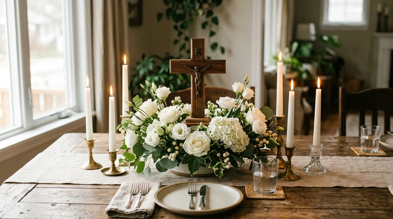 Dining table centerpiece with cross white flowers and candles