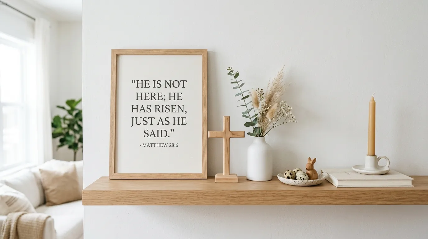 Minimal Christian Easter shelf with scripture quote and cross