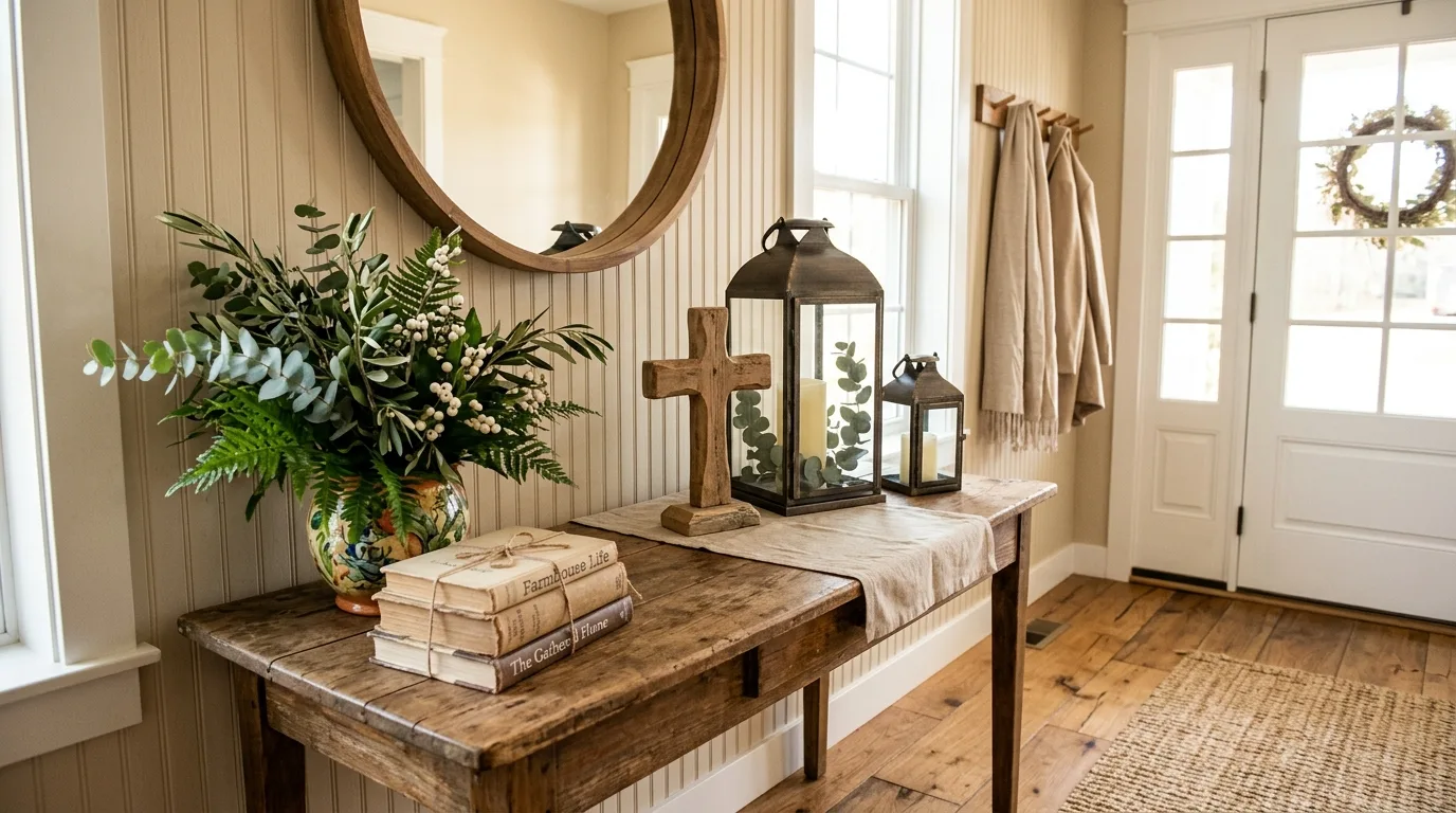 Farmhouse entryway table with wooden cross lanterns and greenery