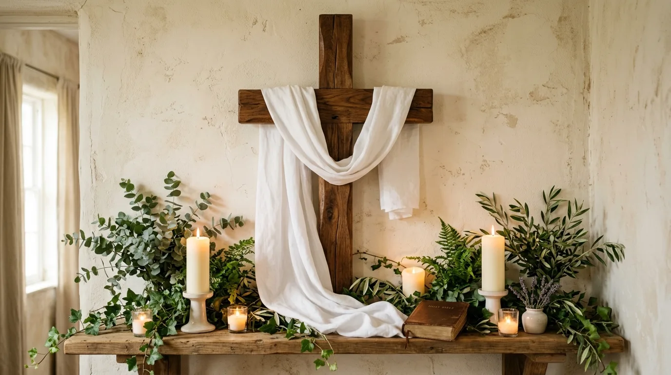 Wall display with wooden cross draped cloth greenery and candles