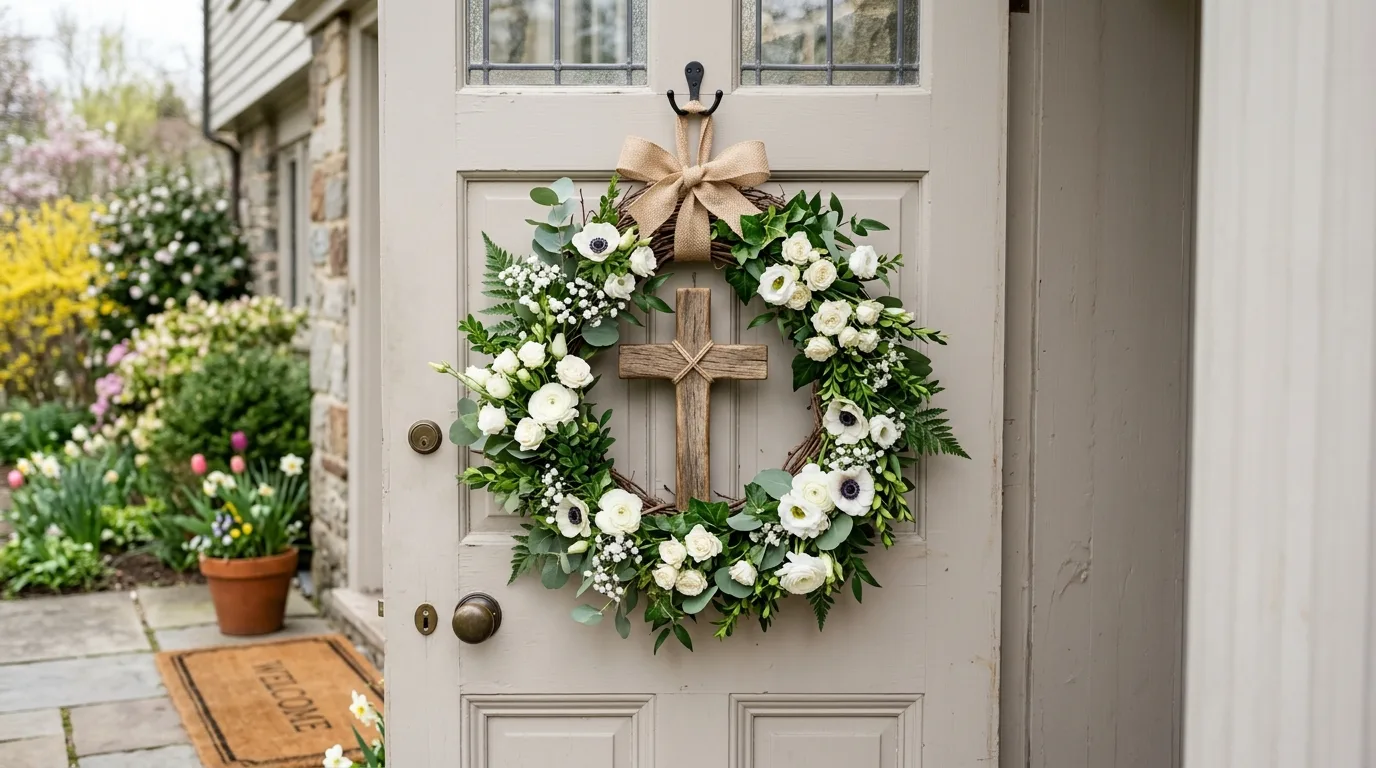 Christian Easter wreath with cross white flowers and greenery