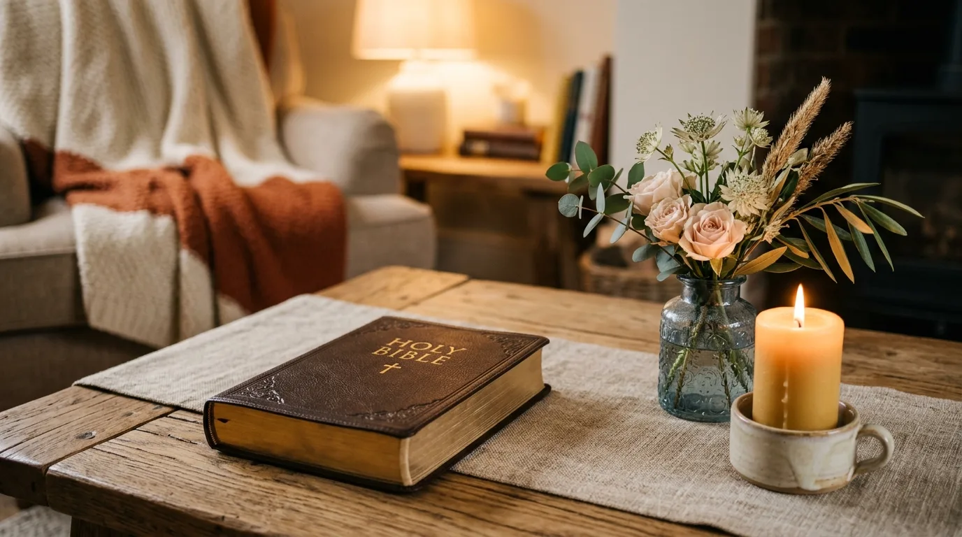 Coffee table with Bible candle and floral arrangement