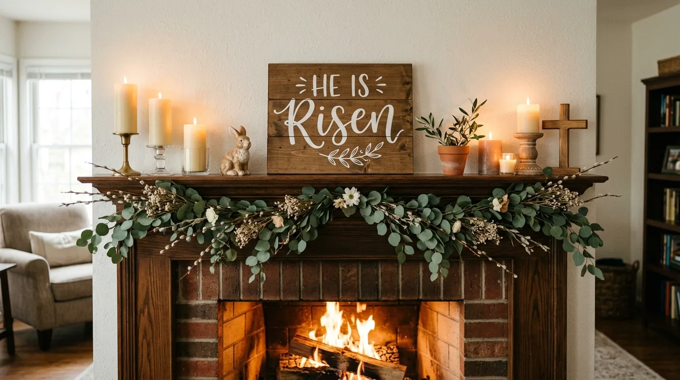 Mantel with He Is Risen sign candles and eucalyptus garland