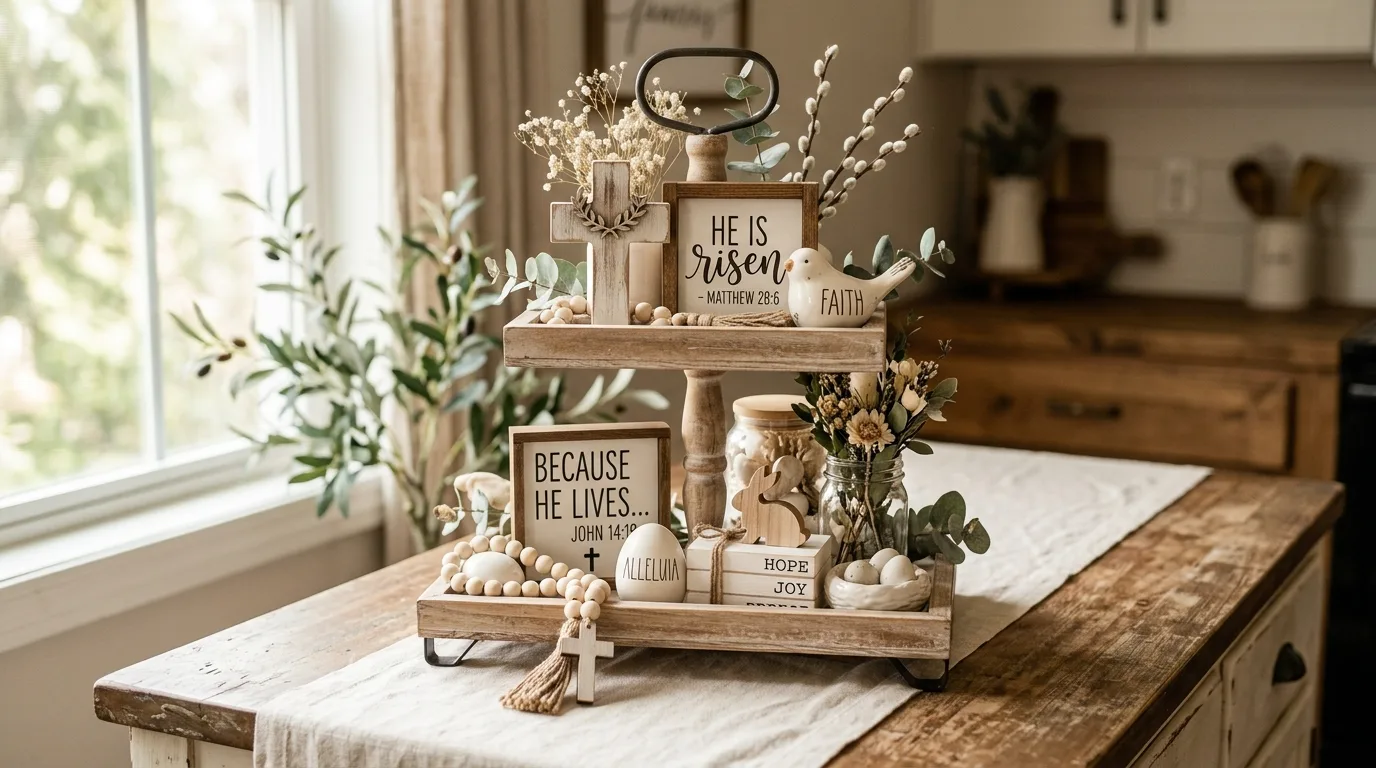Christian Easter tiered tray with crosses scripture signs and floral accents
