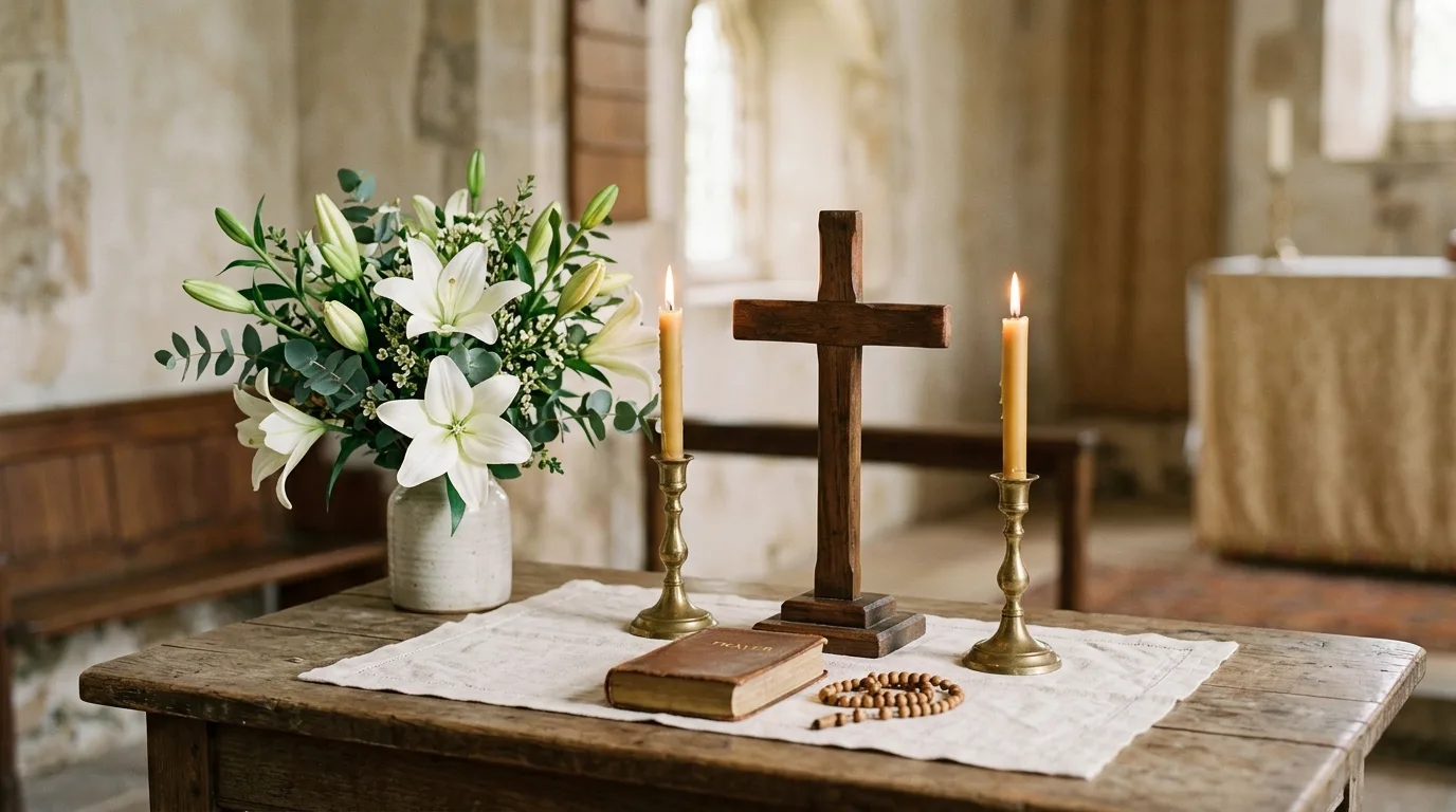 Simple altar style Easter setup with cross candles and white lilies