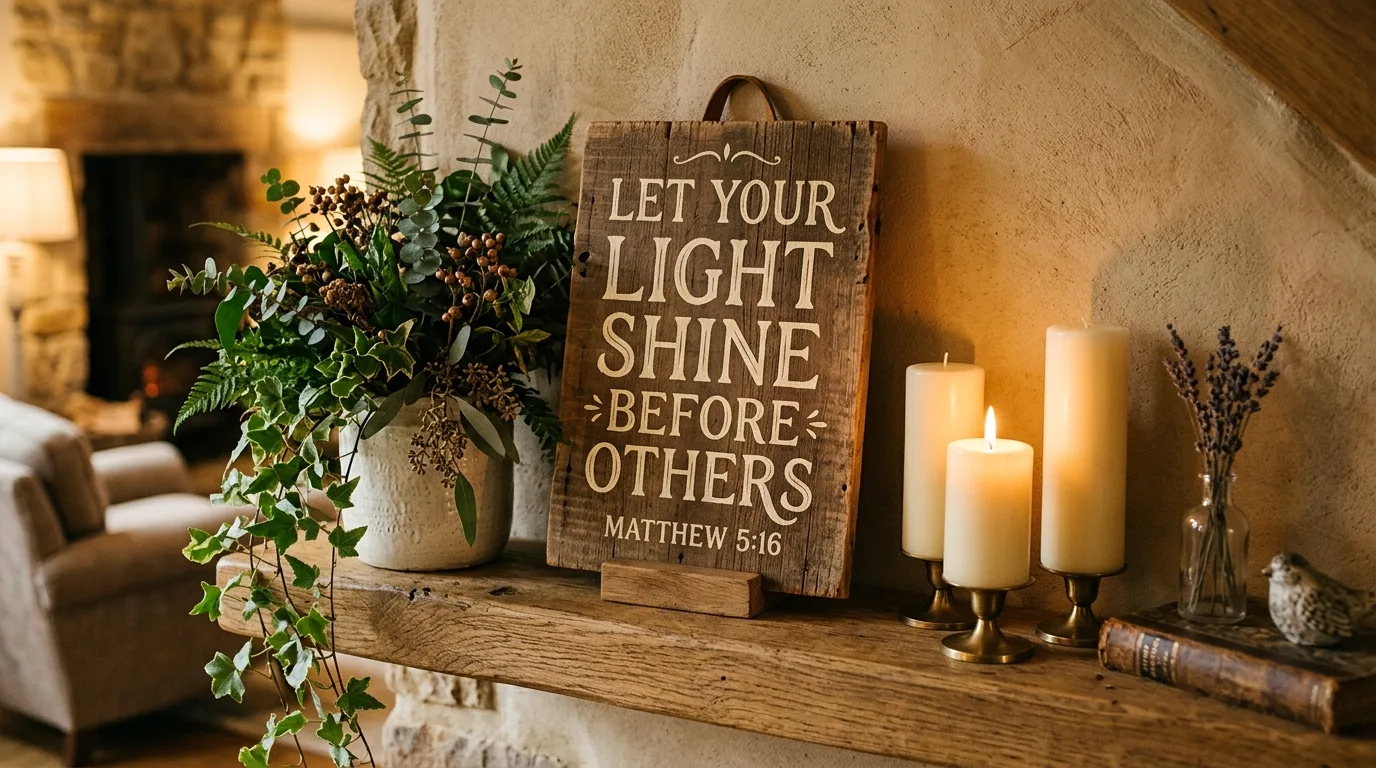 Rustic scripture sign with greenery and candles on a shelf