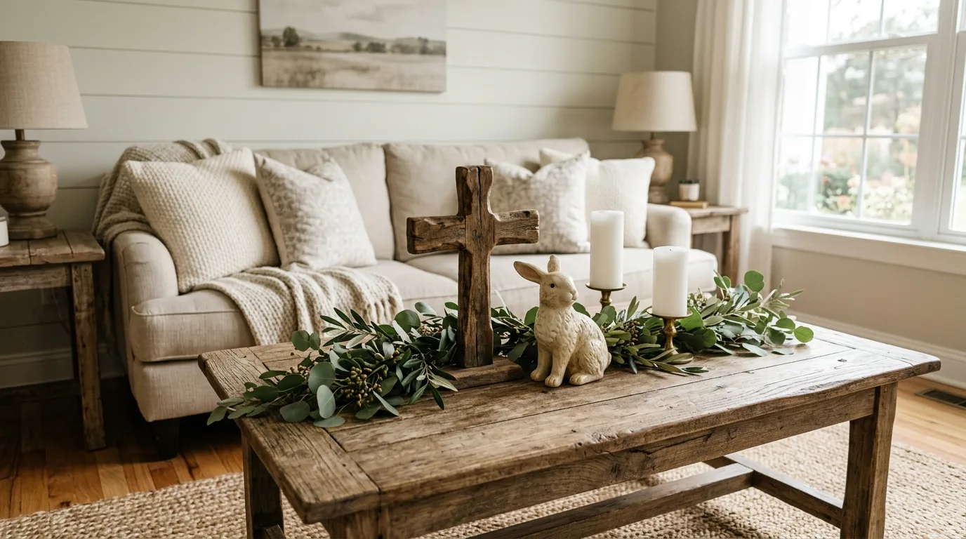 Christian farmhouse Easter living room with cross decor, candles, and greenery