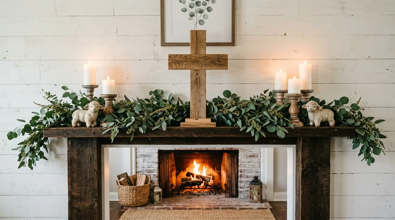 Rustic mantel with large wooden cross, eucalyptus garland, and white candles