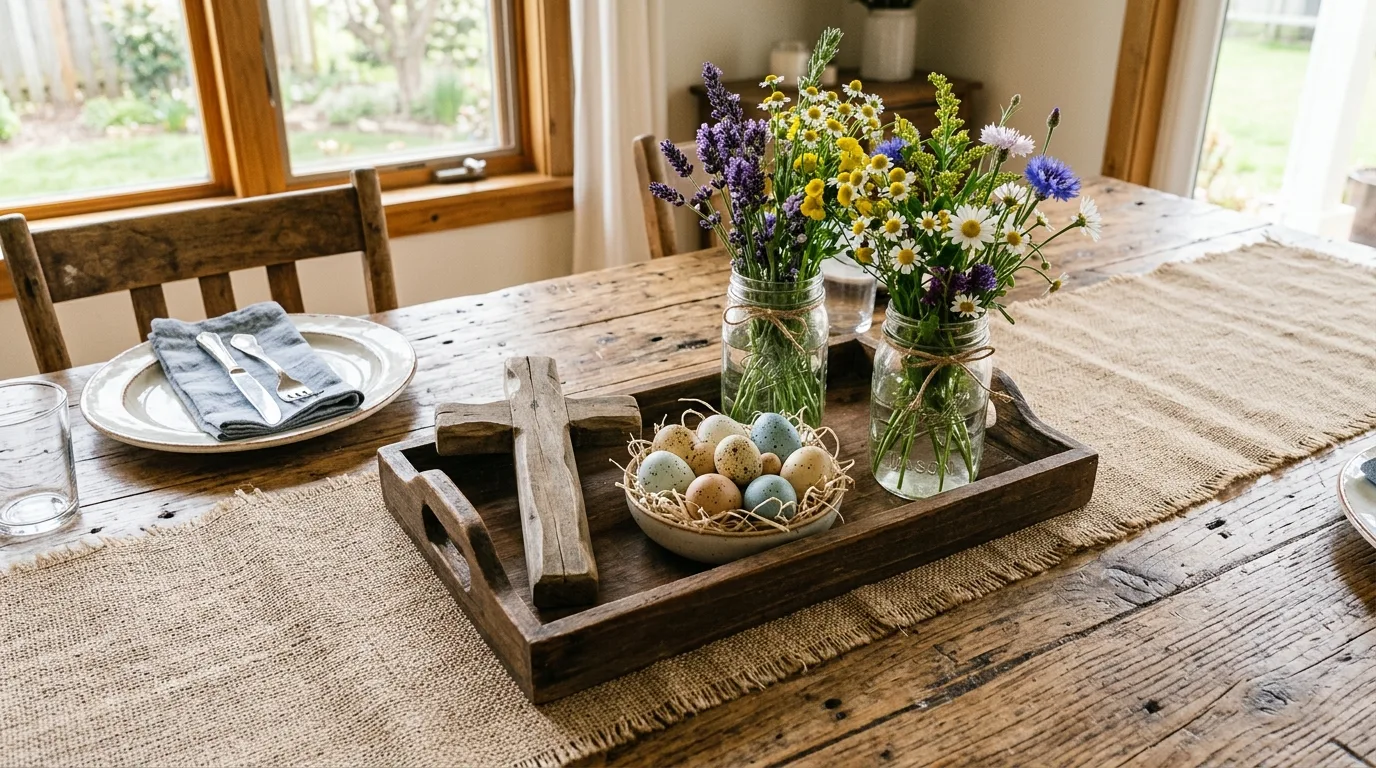 Farmhouse dining table with burlap runner, cross, eggs, and mason jars of wildflowers