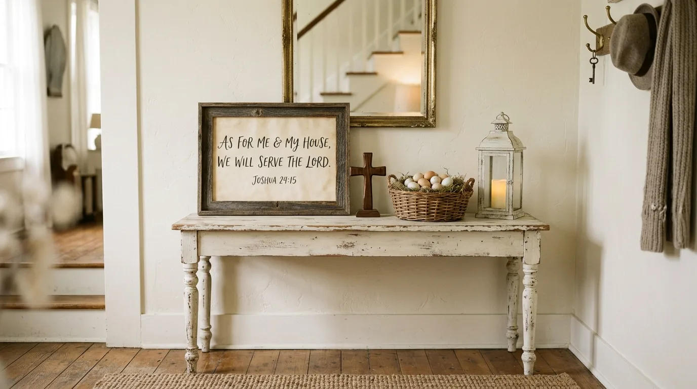 Vintage entryway table with scripture sign, small cross, woven basket, lantern, and eggs