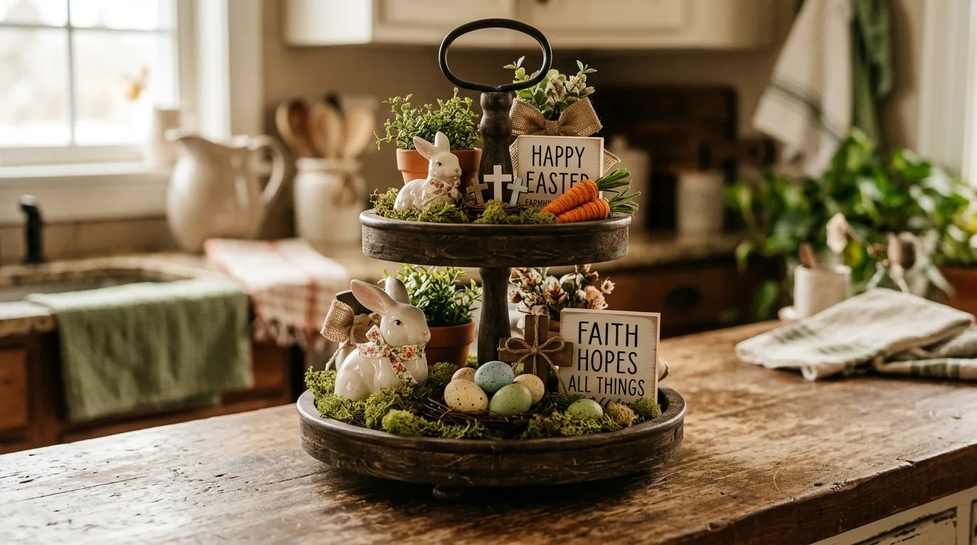 Farmhouse tiered tray with mini crosses, ceramic bunny, eggs, moss, and signs