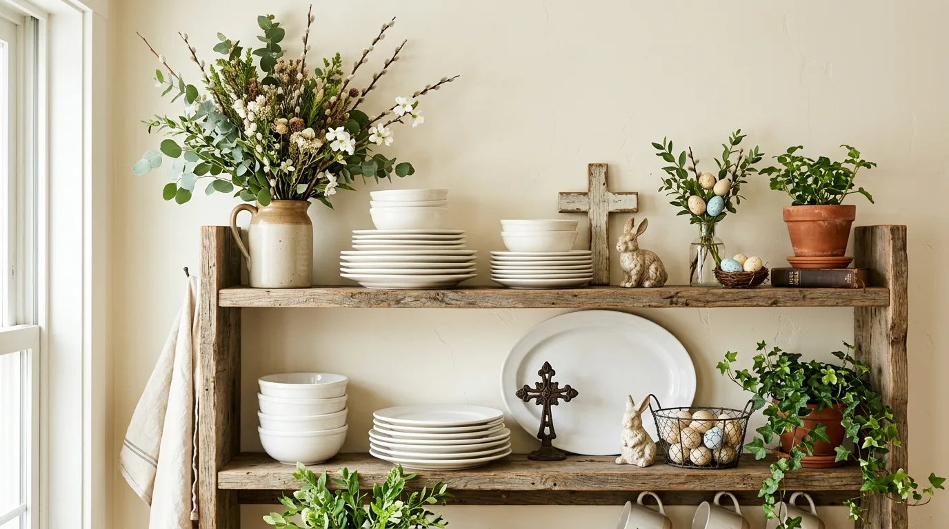Farmhouse shelves styled with white dishes, greenery, crosses, and subtle Easter accents