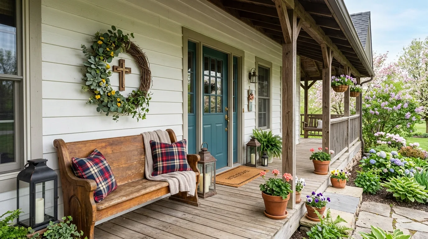 Rustic front porch with bench, lanterns, greenery wreath, and small cross